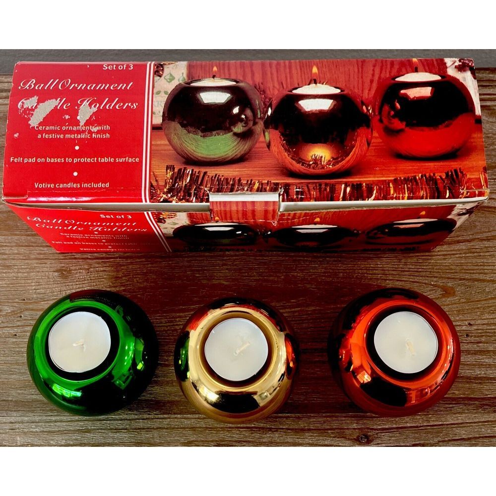 3 Vintage Metallic Ceramic Ball Ornament Votive Candle Holders Christmas Decor - Picture 2 of 5